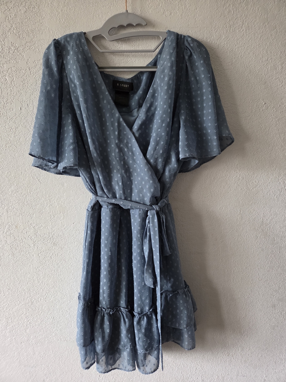 B. Smart Dusty Blue Wrap Mini Dress with Ruffle Hem
